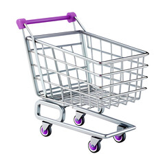 Silver shopping cart purple handle and wheels isolated on a transparent background