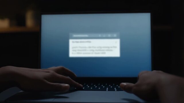 Programmer writing code on laptop in dark room