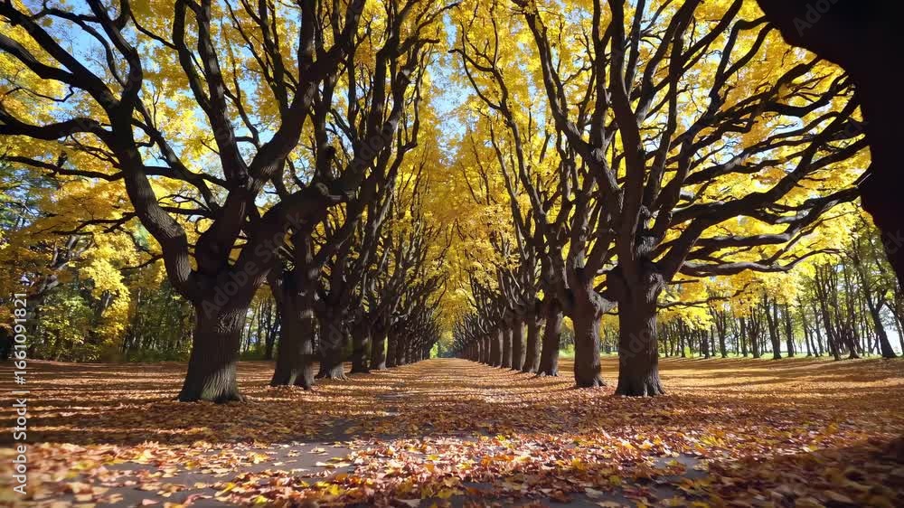 Poster a mesmerizing video of a tree-lined path in autumn, captured from a low-angle perspective, highlight