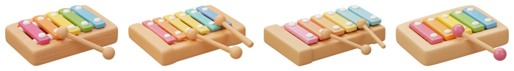 Collection of Pastel Xylophone Illustrations in Pixelated Style with Light Wood Frame and Colorful Bars on a Transparent Background