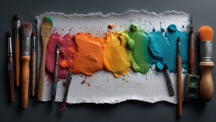 Colorful paint swatches and brushes on paper
