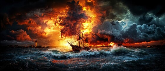 Fototapeta premium Sailing Through the Inferno A Dramatic Seascape