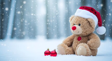 Adorable teddy bear wearing santa hat sitting in snowy winter forest