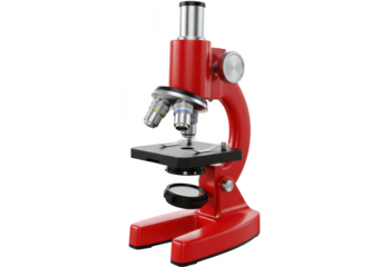 Red scientific microscope with lenses and focus knobs, isolated on transparent background