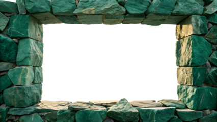 Weathered green sandstone window opening with natural cracks and aged patina finish details, isolated on a transparent background