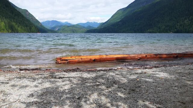 Serene mountain lake with driftwood log on sandy shore under cloudy sky