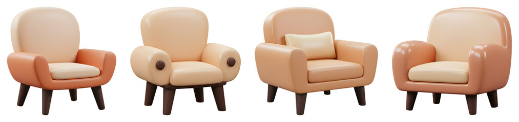 Four 3D Rendered Armchairs in Varying Styles with a Transparent Background in Shades of Orange Beige and Dark Brown Wooden Legs