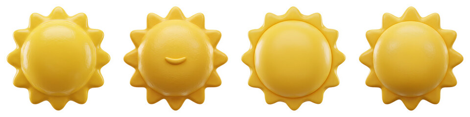 Four 3d Rendered Yellow Sun Icons with Smiling Face on Transparent Background