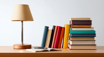 Fototapeta premium A desk lamp illuminating a stack of books and an open notebook with a pen on a wooden surface area