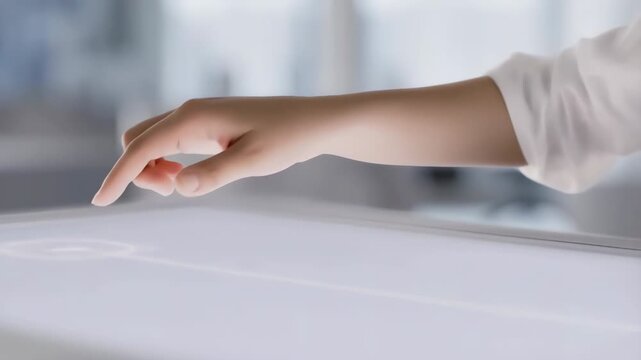 Woman interacting with futuristic touchscreen interface