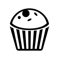 A flat black-and-white icon of a muffin in a paper cup with a rounded top.