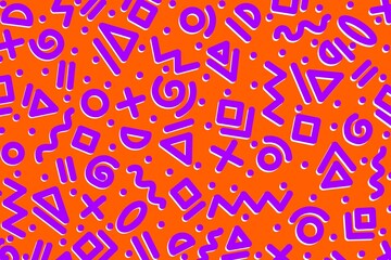 Abstract pattern with geometric shapes, wave, lines, circle, triangle, squares, confetti, dots, stripes in bright purple on a orange background. Memphis style or 80s & 90s retro aesthetic.
