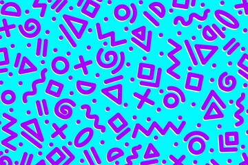 Seamless pattern in purple and bright blue geometric shape circles, triangles, squares, wave, lines, plus, dots. Memphis, doodle, hand-drawn design for wallpaper, textile, packaging, print, decor, etc