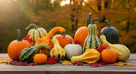 Autumn harvest of colorful gourds and pumpkins on a rustic table