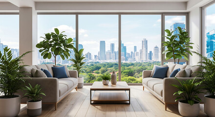 Modern living room oasis with panoramic city views and lush indoor plants