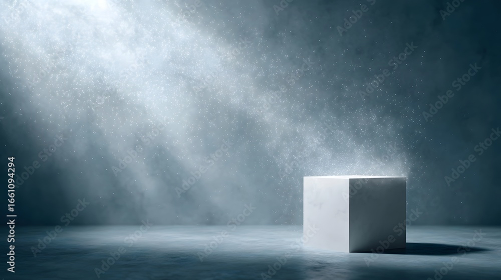 Poster serene white podium with floating particles in backlit soft focus