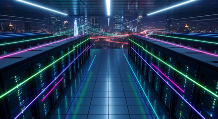 Abstract futuristic cityscape with neon lights and geometric patterns dynamic perspective