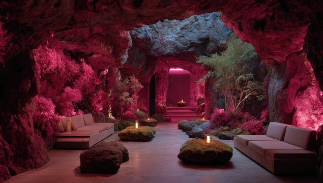 Pink cave-like lounge, lush plants