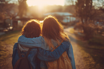Fototapeta premium Two women with arms around each other walking away from the camera in a beautiful outdoor setting
