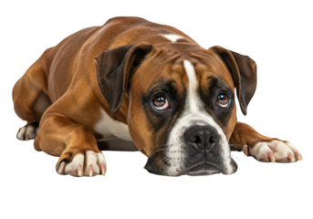 Sad boxer dog lying down isolated on transparent background