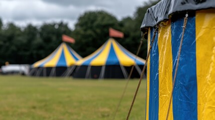 A yellow and blue striped tent with a black top.