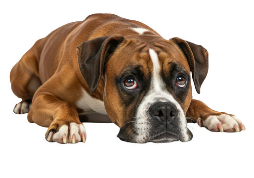 Sad boxer dog lying down isolated on transparent background