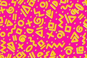 Fun seamless pattern in pink and yellow background with geometric shape circles, triangles, squares, wave, lines, plus, dots. Memphis, doodle, hand-drawn design for wallpaper, children, textile, etc.