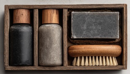 Wooden box with dark gray and light gray bottles, soap bar, and brush