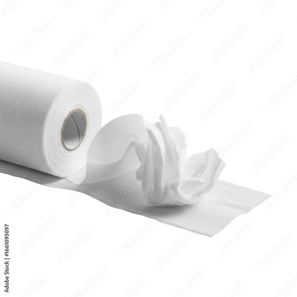 Poster white crepe paper streamer roll, partially unrolled, crumpled with soft folds and crinkled texture, 