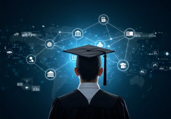 ​A rear view of a young graduate wearing a cap and gown, standing in front of a futuristic blue background