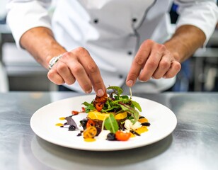 Close-up of chef plating gourmet dish in kitchen