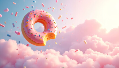 Whimsical Floating Donut with Bite, Surreal Pastel Sky, Glowing Golden Glaze, Colorful Sprinkles, Dreamy Cotton-Candy Clouds, Fantasy Food Photography