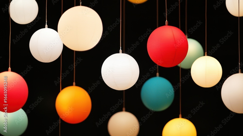 Poster a collection of hanging paper lanterns in various colors and sizes.