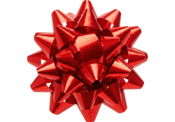 A single shiny red metallic gift bow decoration, isolated on transparent background