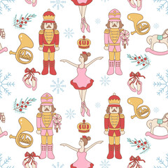 A seamless vector pattern with retro-style nutcracker soldiers, ballerina dancers, and holiday elements. Perfect for Christmas designs.