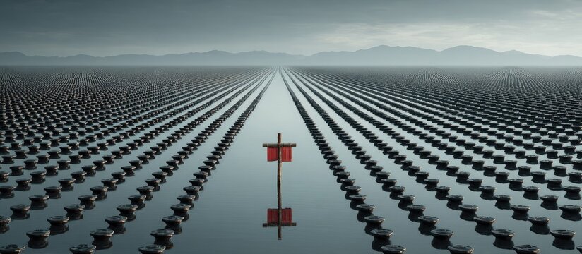 A red cross stands alone in a vast, geometric field