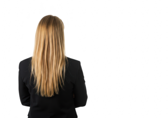 Rear view of a blonde woman in a black business suit, isolated on transparent background