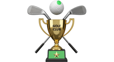 Isolated Golf Trophy with Clubs and Ball