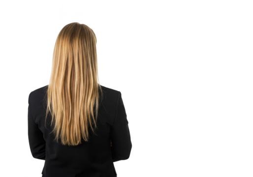 Rear view of a blonde woman in a black business suit, isolated on transparent background