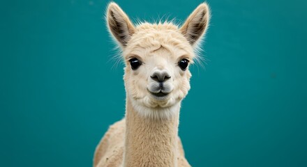 Obraz premium A cute and fluffy young alpaca portrait, looking curiously at the camera on a vibrant teal background.