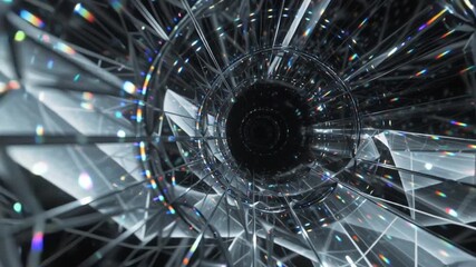 Dynamic abstract tunnel made of glass-like structures with rainbow prism reflections. Futuristic 3D motion design, ideal for technology, digital art, and creative backgrounds. - Powered by Adobe