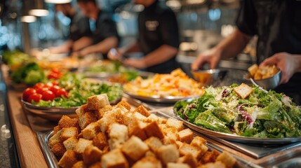 Obraz premium Salad bar buffet with various salads croutons and people helping themselves in a restaurant