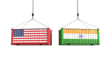 Shipping containers with USA and India flags, PNG file. 3D illustration	
