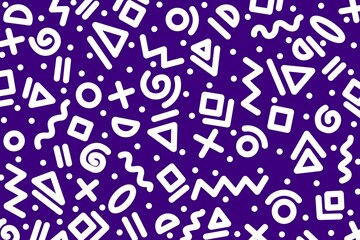 Memphis or doodle style design pattern with geometric shape circles, triangles, squares, wave, lines, plus, dots in white on purple background for wallpaper, decor, fabric, textile, fashion, etc.