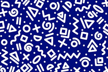 Seamless pattern in blue and white with geometric shape circles, triangles, squares, wave, lines, plus, dots. Memphis, doodle, hand-drawn design for wallpaper, textile, packaging, print, decor, etc.