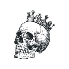 Detailed Engraving of a Human Skull Wearing an Ornate Crown