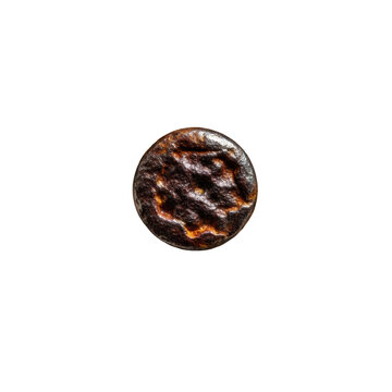 Photorealistic macro of a rusty round nail head with reddish-brown oxidation, peeling desaturated paint flakes on a smooth transparent background, concept of age and textured decay