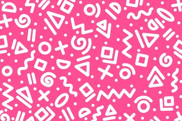 Seamless pattern in pink and white background with geometric shape circles, triangles, squares, wave, lines, plus, dots. Memphis, doodle, hand-drawn design for wallpaper, textile, packaging, etc.