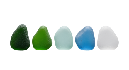 Five unique sea glass pieces, linear gradient emerald to white, frosted, soft reflection on transparent studio background, macro shot, diffused light, concept of natural beauty