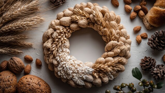 Rustic bread wreath surrounded by grains and nuts